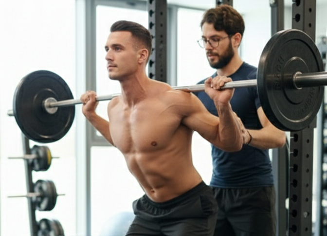 Atleta che esegue esercizio ad alta intensità con coach
