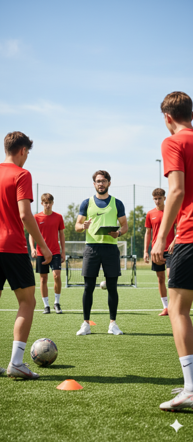 Atleta che sprinta con coni sul campo